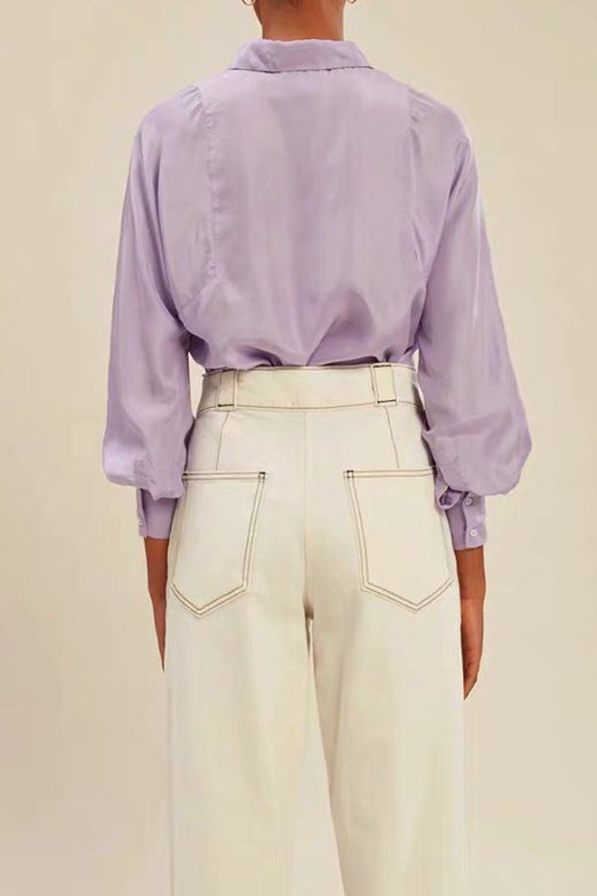 Lapel Button Front Lantern Sleeve Top