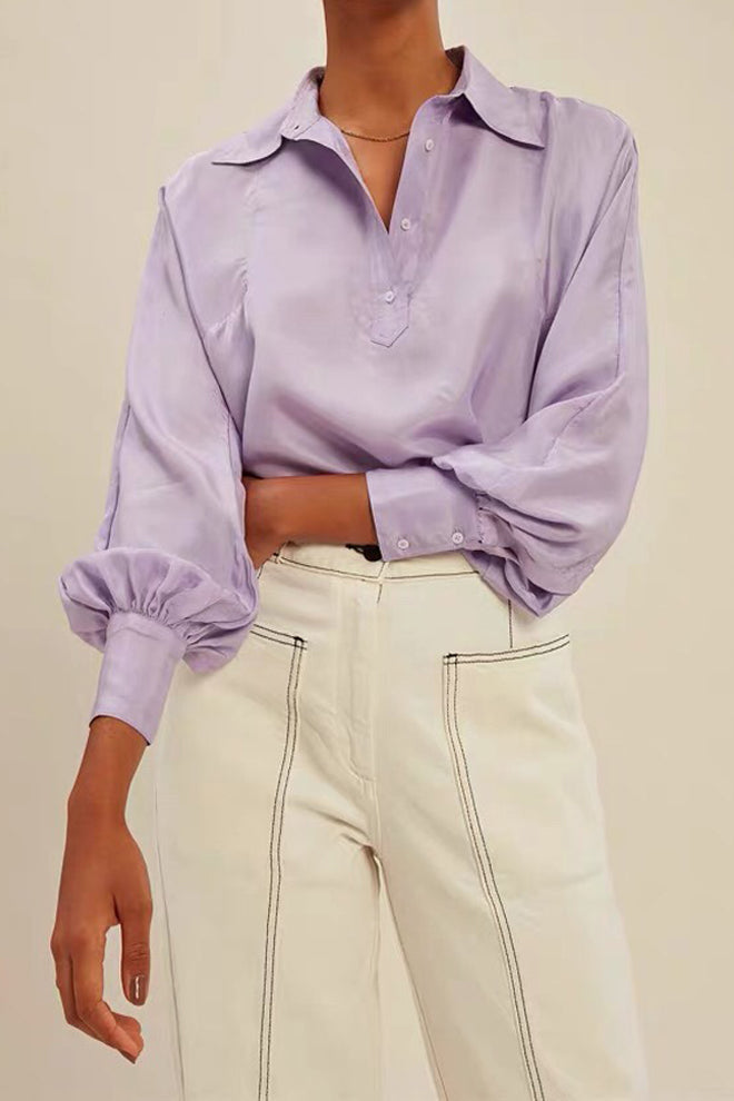 Lapel Button Front Lantern Sleeve Top