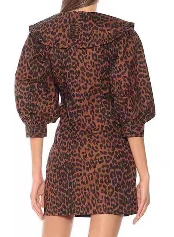 Leopard Print Lapel Bubble Sleeve Dress