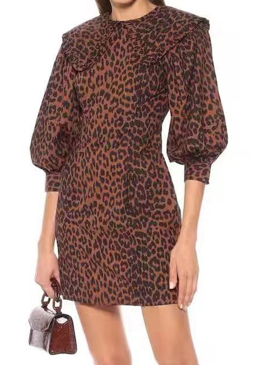 Leopard Print Lapel Bubble Sleeve Dress