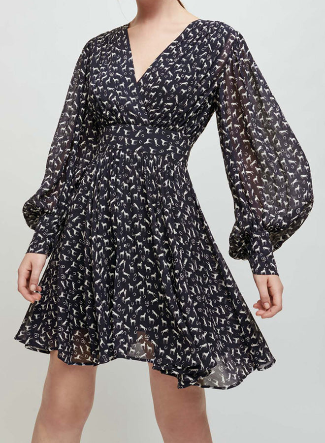 V Neck Lantern Sleeve Print Dress