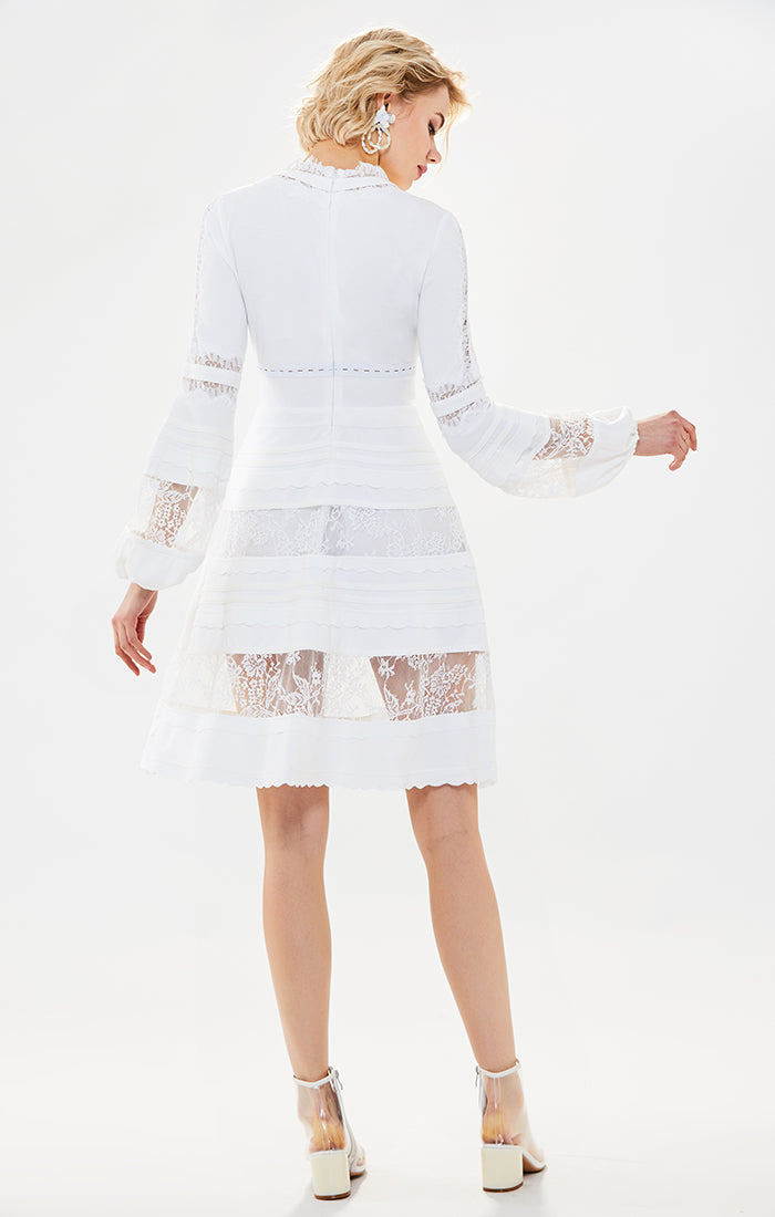 Lantern Sleeve Tie Lace Dress