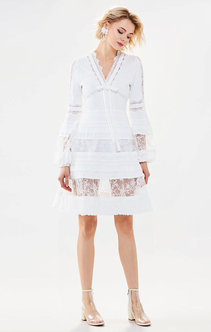 Lantern Sleeve Tie Lace Dress