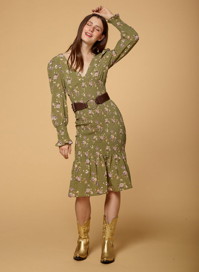 Print V Neck Long Sleeve Dress