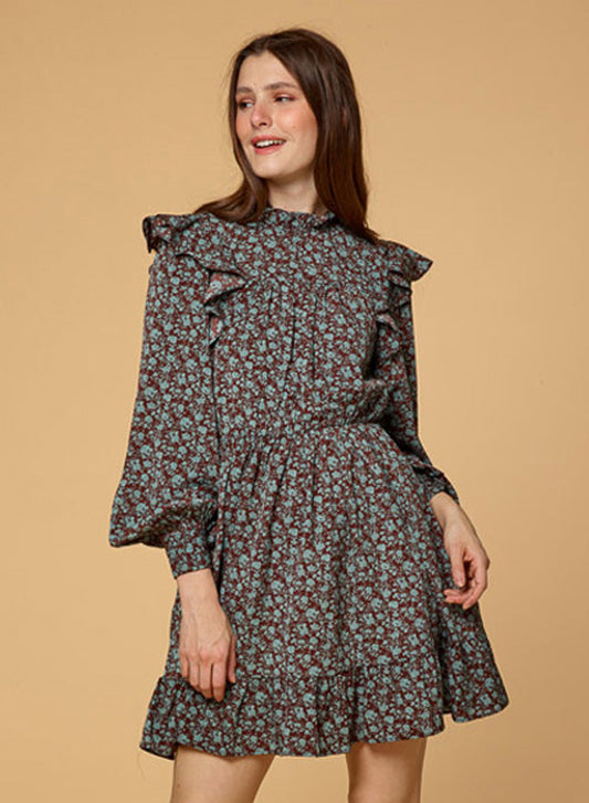 Floral Print Smocked Ruffled Long Sleeve Dress