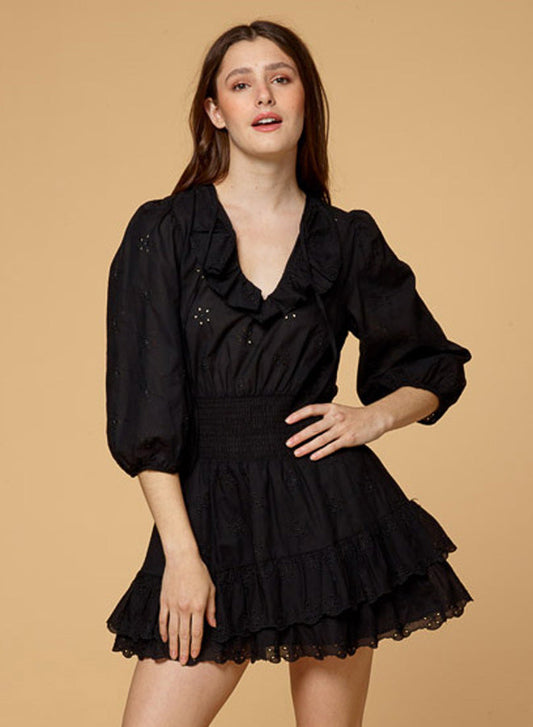 V Neck Ruffles Mini Embroidery Dress