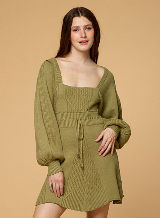 Square Neck Bubble Sleeve Knitted Dress