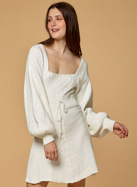 Square Neck Bubble Sleeve Knitted Dress