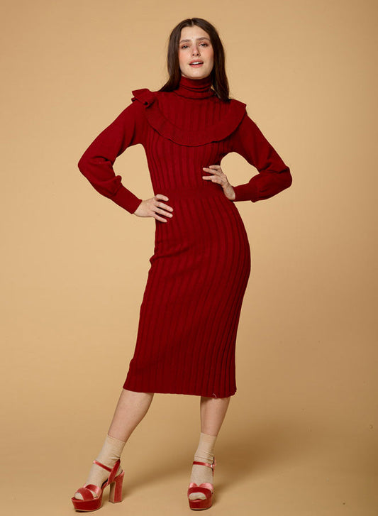 Ruffled High Neck Long Sleeve Dress