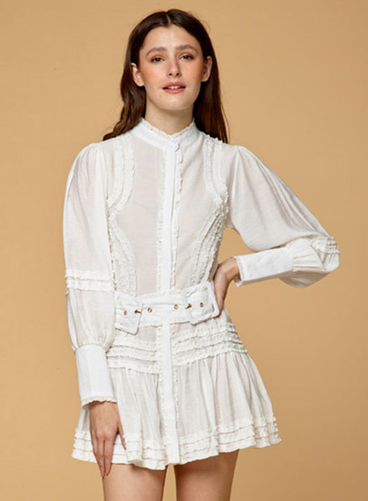 Ruffles Patchwork Belt Blouse Dress