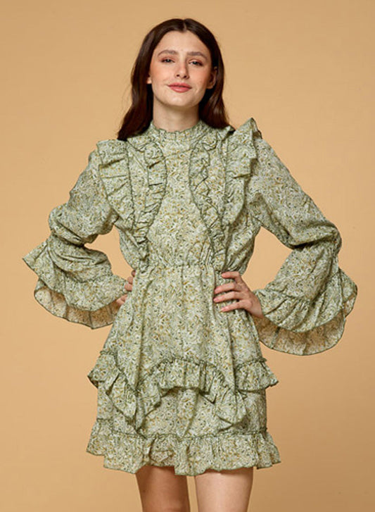 Ruffle Flower Print Chiffon Dress