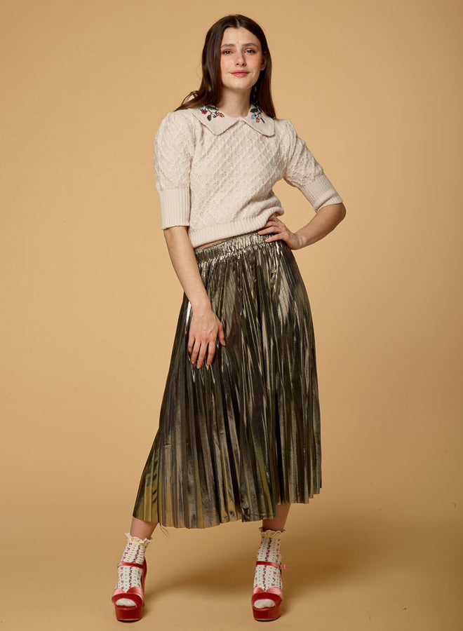 Shiny Pleated Long Maxi Skirt