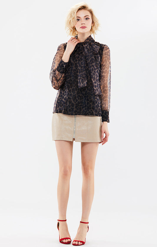 Button-Tied Ballon-Sleeve Printed Top