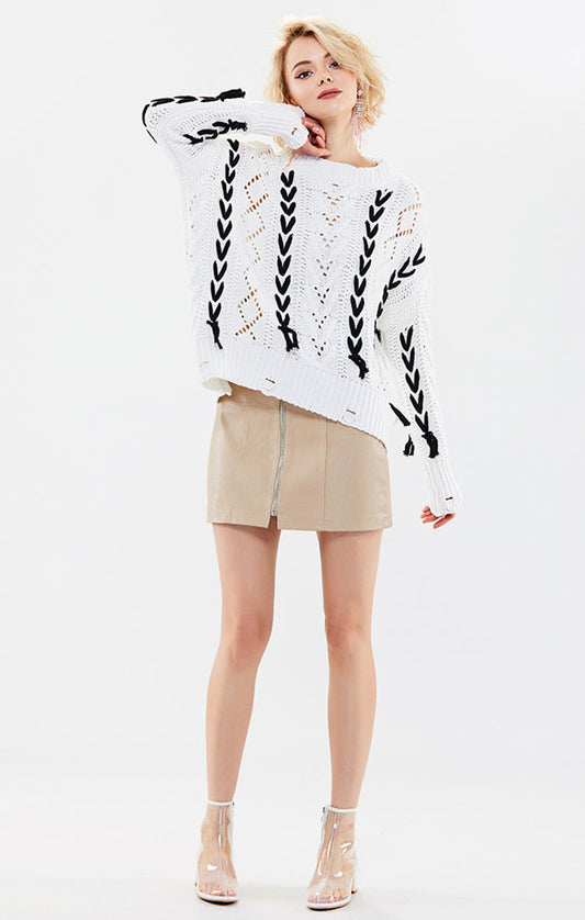 Open-Stitch Crewneck Long-Sleeve Sweater