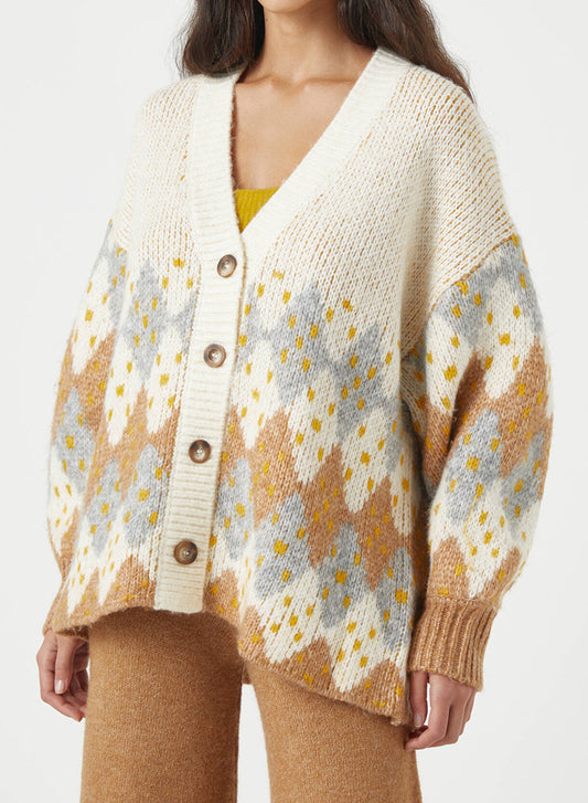 V-Neck Single-Breasted Jacquard Knit Cardigan Sweater