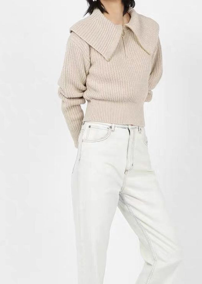 Turn- Down Collar Zip Front Knitted Sweater