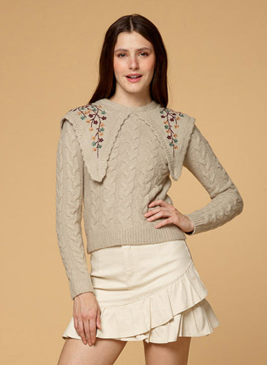 Cropped Crew Neck Embroidered Sweater