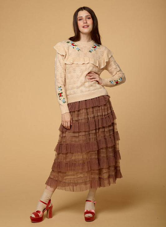 Ruffered Hollow Out Knitted Pullover Sweater