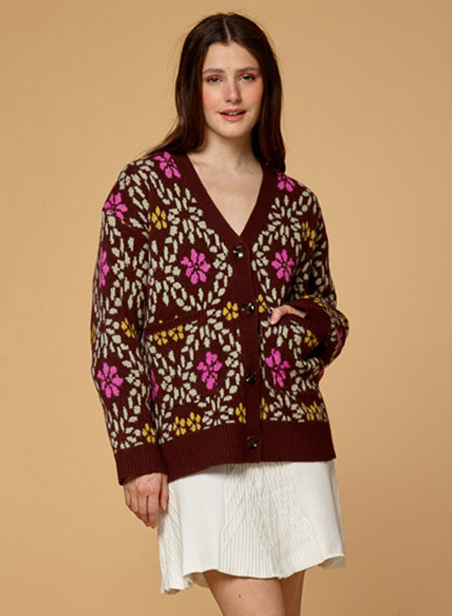 Floral Print Single Breasted Button Cardigan