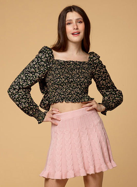 Bow Tied Bubble Sleeve Square Neck Top