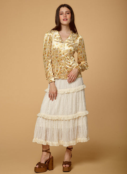 Lapel Printed Golden Velvet Top