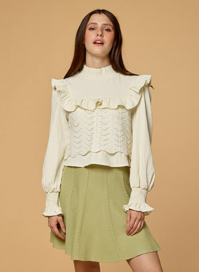 Ruffle Stand Collar Knitted Top