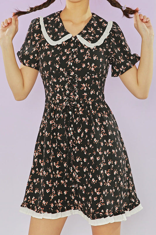 Lapel Collar Puffed Short Sleeve Dress