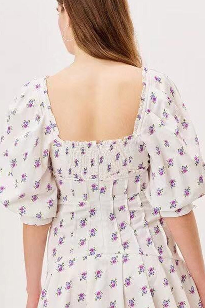 Floral Print Puff Sleeve Backless Dress