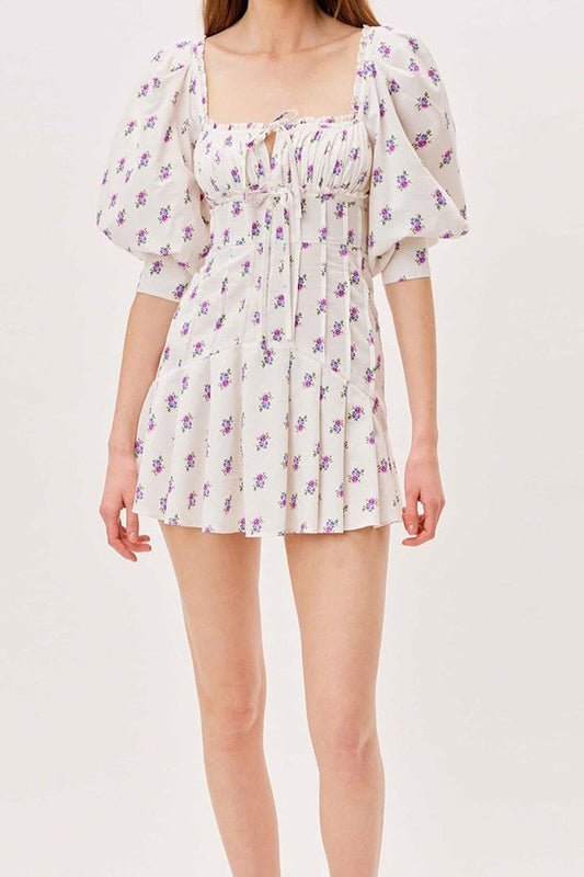 Floral Print Puff Sleeve Backless Dress