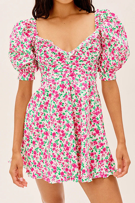 Bubble Sleeve Retro Print Dress