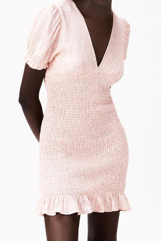 V Neck Short Puff Sleeve Pleated Dress