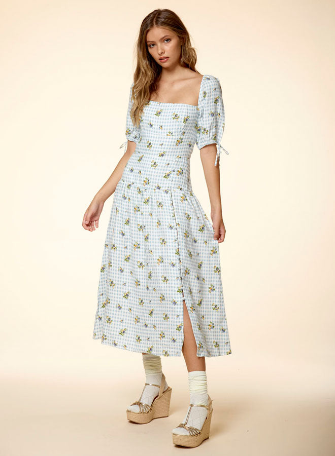Printed Square Neck Bubble Sleeve Dress
