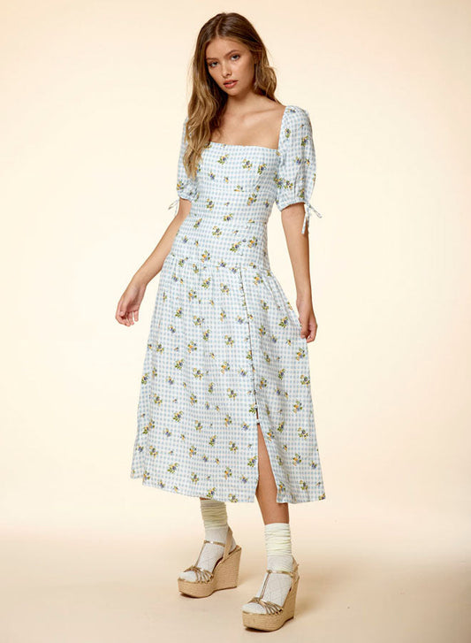 Printed Square Neck Bubble Sleeve Dress