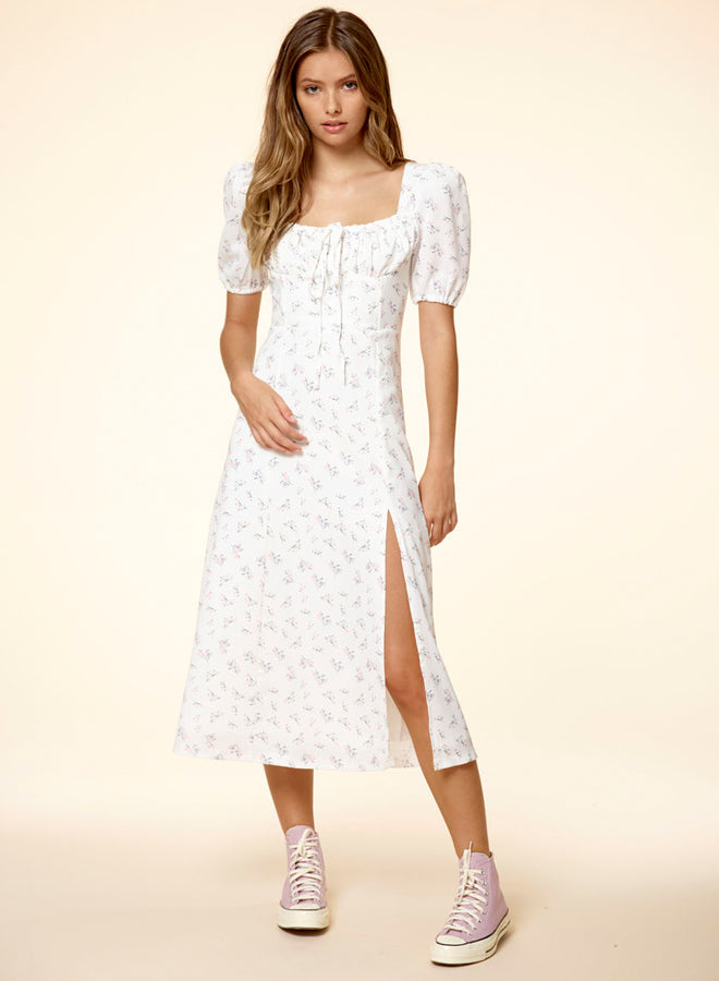 Printed Puff Sleeve Split Fork Dress
