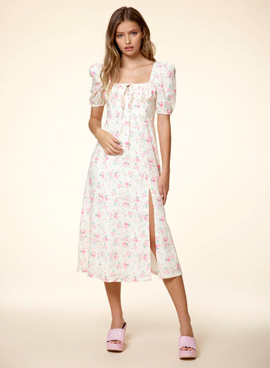 Puff Sleeves Drawstring High Slit Dress