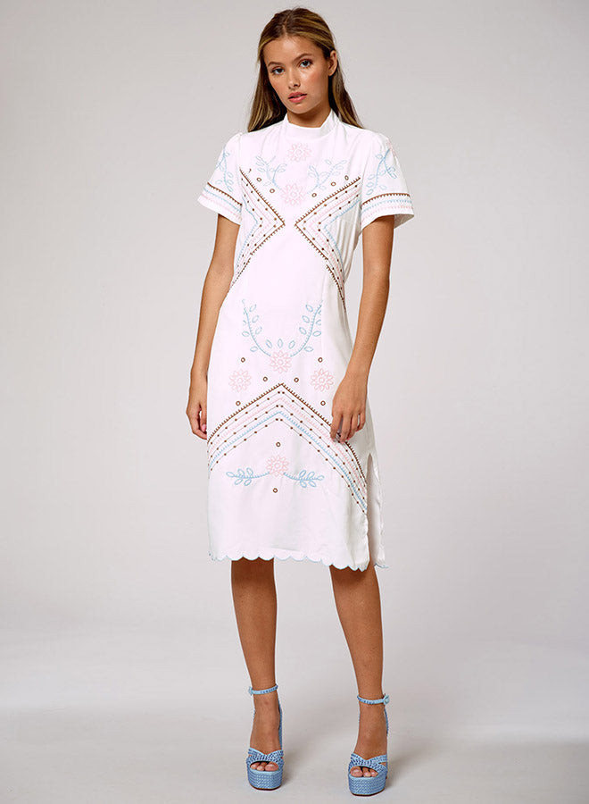Embroidered Side-Slip Midi Dress