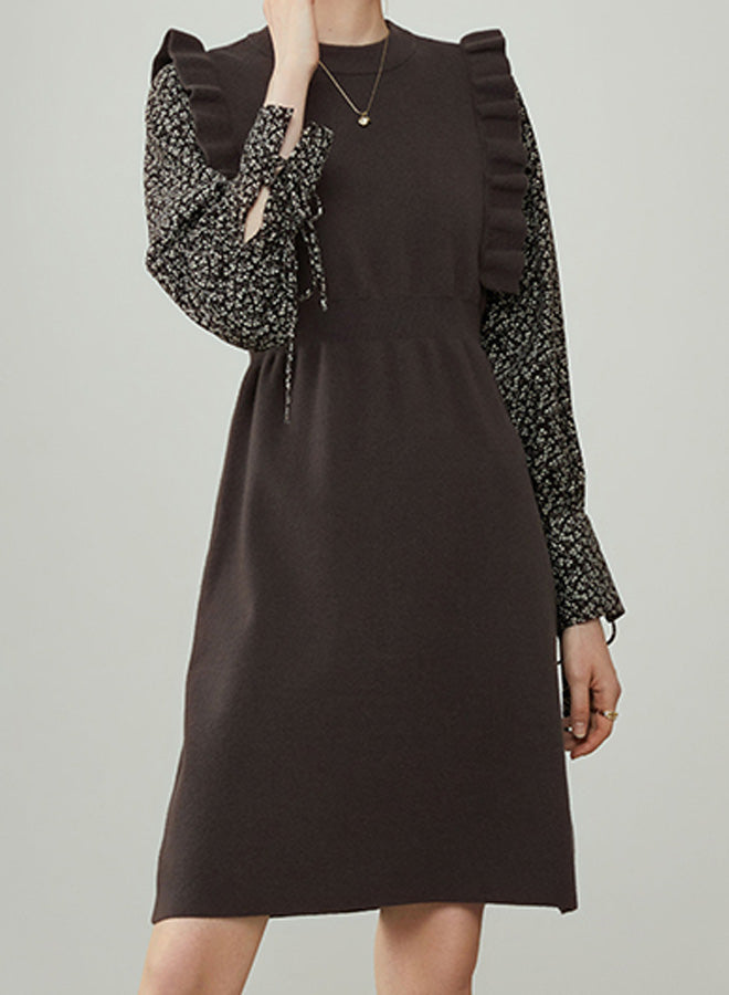 Long Sleeve Printed Stitched Knitted Dress