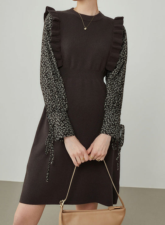 Long Sleeve Printed Stitched Knitted Dress