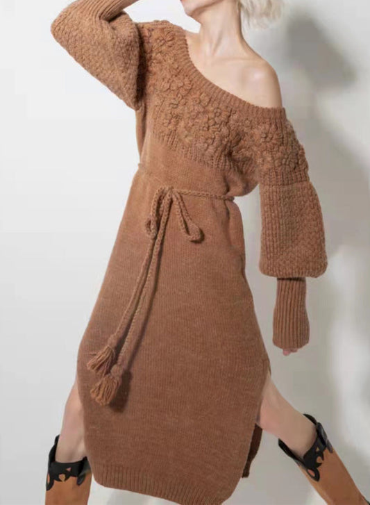 Off Shoulder Belted Tie Waist Knitted Dress