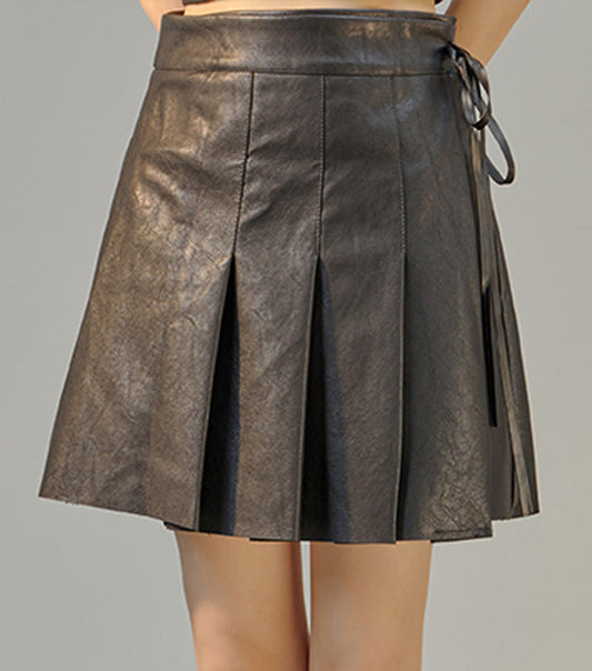 Bow Tie High Waist Leather Skirt