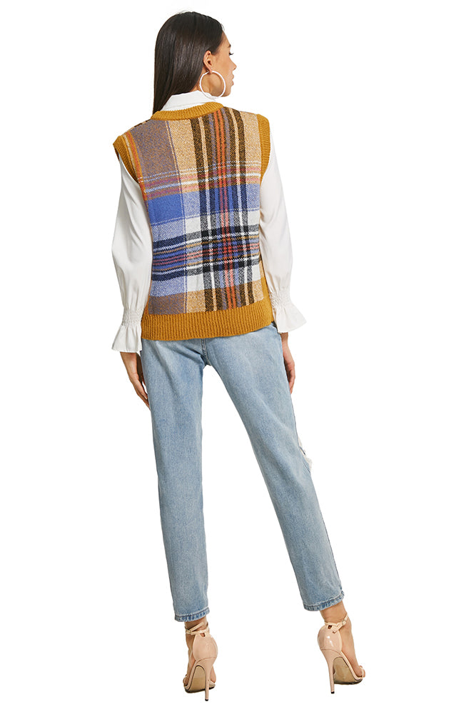 Crew Neck Plaid Knitted Vest