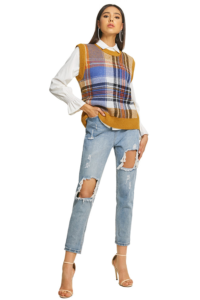 Crew Neck Plaid Knitted Vest
