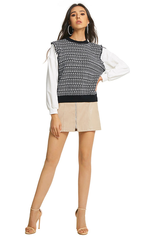 Splicing Sleeve Knitted Plaid Top