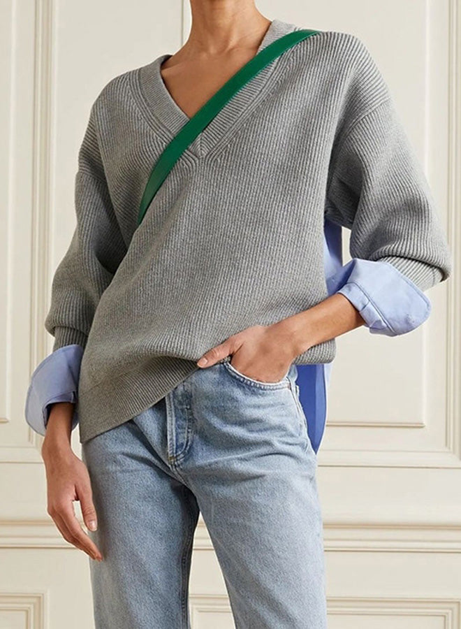 V Neck Stitched Pullover Sweater