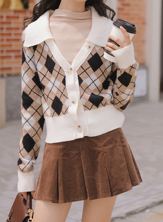 Long Sleeve Plaid Knit Sweater Cardigan