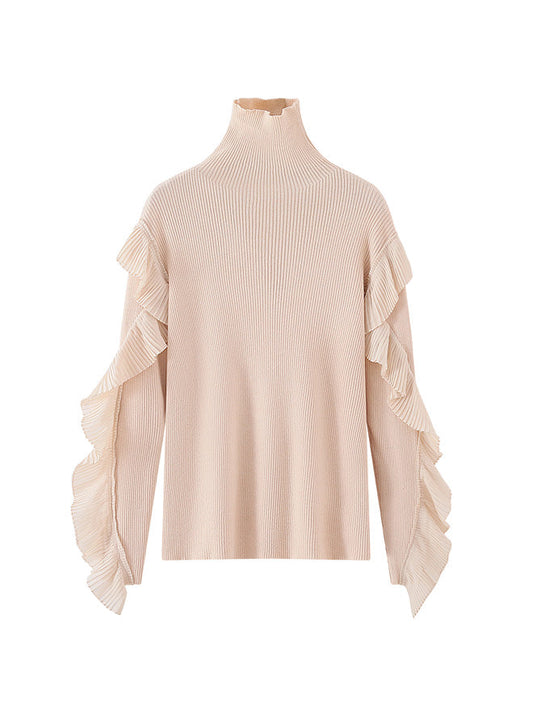 Flounced Knit Lace Turtleneck Sweater