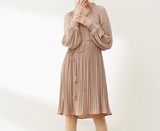 Lantern Sleeve Pleated Dress