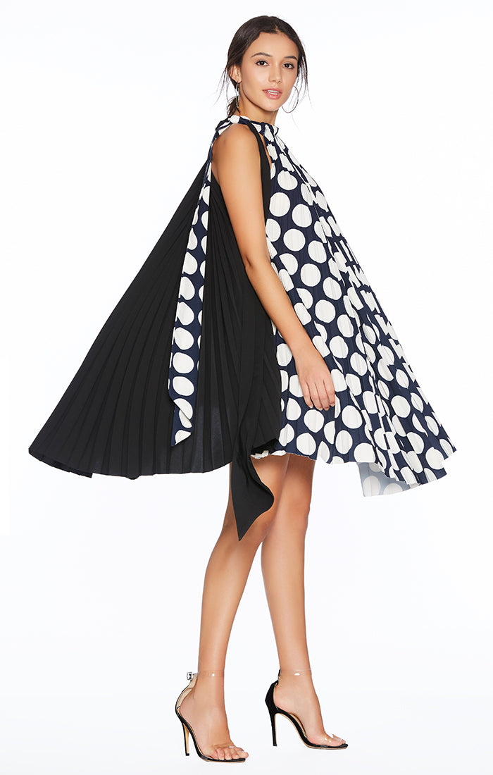 Polka Dot Strapless Pleated Dress