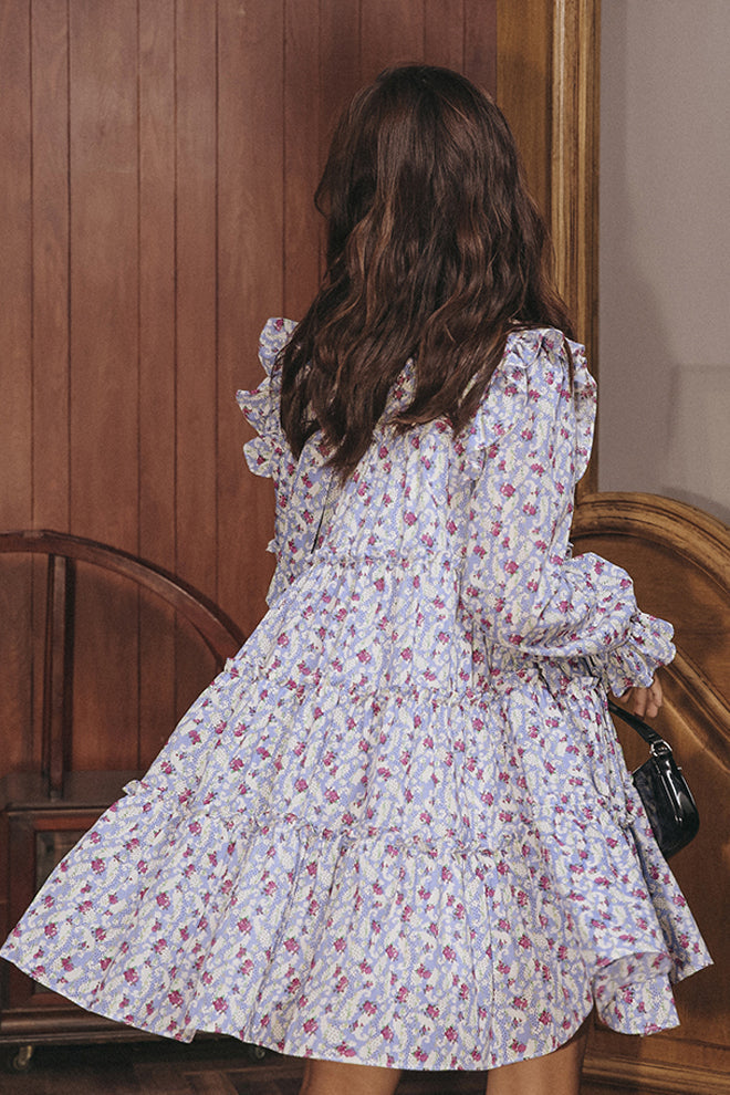 Long-Sleeved Lapel Floral Printed Dress