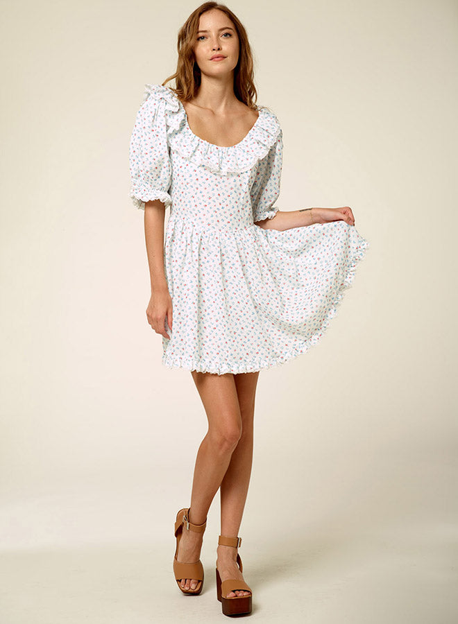 Ruffle Collar Bubble Sleeve Printed Dress